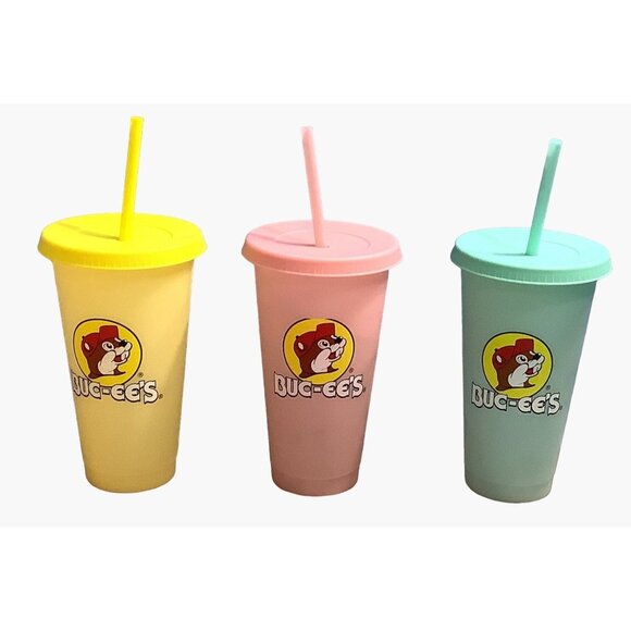 3 Buc-ee's Tumbler 25oz Color Changing Cup Lid Straw Pink Green Yellow Bucee's